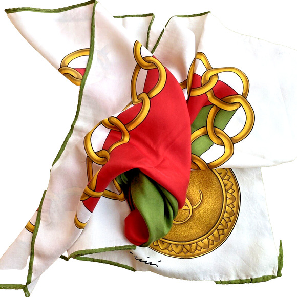 Oleg Cassini Signed Logo Scarf Silky Gold Chain Medallion Green & Red 26” Square - Picture 5 of 7